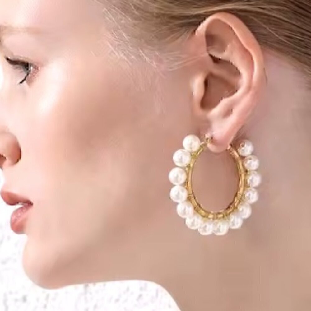 NEW - White Pearl Hoop‎ Earrings